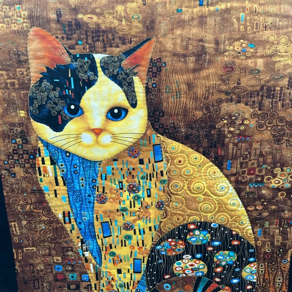 Hand Quilted Pre Printed Panel Klimt Inspired Cat Lap Quilt or Wall Hanging